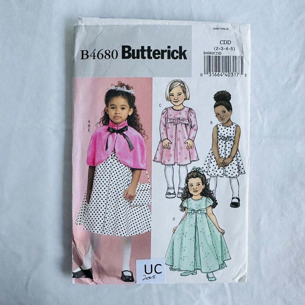 Toddler Girls Dress Caplet Purse Sizes 2 3 4 5 Butterick 4680 Sewing Pattern UC
